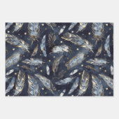 Blaue Goldene Federn Sterne Geburtstag Geschenkpapier Set (Vorderseite)