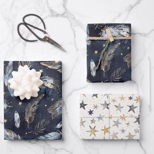 Blaue Goldene Federn Sterne Geburtstag Geschenkpapier Set (Vorderseite)
