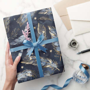 Blaue Goldene Federn Sterne Junggesellinnenabschie Geschenkpapier