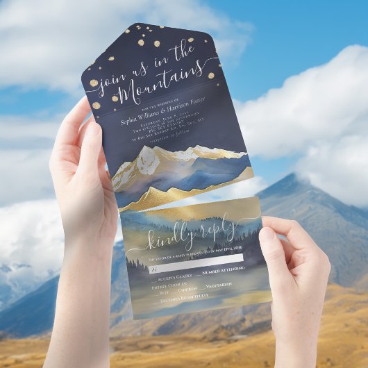 Blaue goldene Foil Gebirge Hochzeit RSVP All In One Einladung