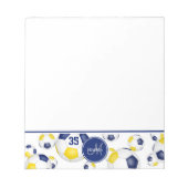 Blaue goldene Fußball-Bälle akzentuieren Sportgesc Notizblock (Vorderseite)