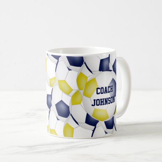 Blaue goldene Fußballmannschaft Farben Trainergesc Kaffeetasse (VorderseiteRechts)