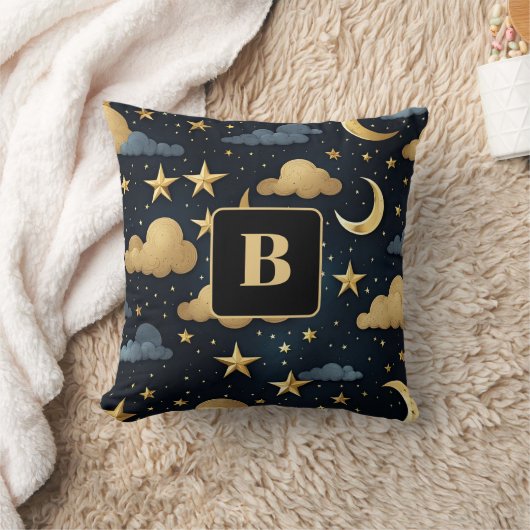 Blaue goldene Himmelsmornsterne Monogramm Kissen (Decke)