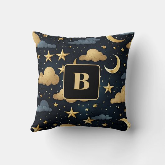 Blaue goldene Himmelsmornsterne Monogramm Kissen (Rückseite)