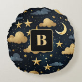 Blaue goldene Himmelsmornsterne Monogramm Rundes Kissen (Vorderseite)