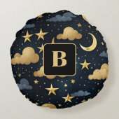 Blaue goldene Himmelsmornsterne Monogramm Rundes Kissen (Rückseite)