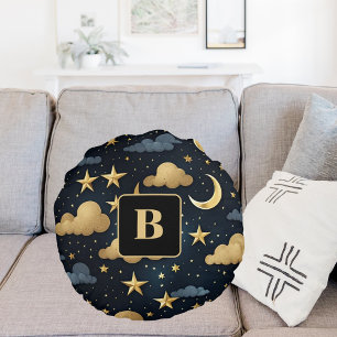 Blaue goldene Himmelsmornsterne Monogramm Rundes Kissen