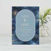 Blaue Goldene Himmlische Elegante Sternenhimmel-Ho Save The Date (Stehend Vorderseite)