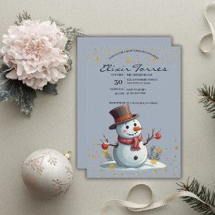 Blaue & Goldene Kleine Schneeflocken Schneemann Ba Einladung