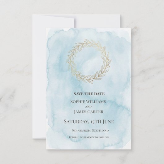 Blaue Goldene Kranz Hochzeit Save The Date (Vorderseite)