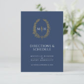 Blaue goldene monogramm-Hochzeitspläne und Zeitpla Begleitkarte (Stehend Vorderseite)
