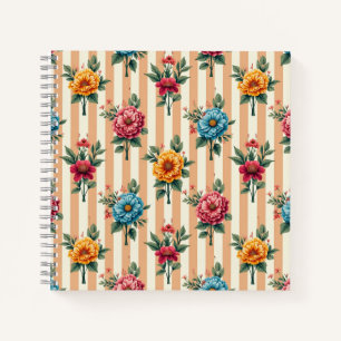 Blaue Goldene Rosa Blumen auf Beigen Streifen Notizblock