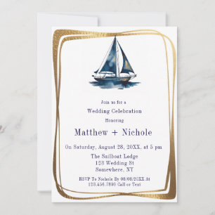 Blaue & Goldene Segelboot Hochzeit im maritimen St Einladung