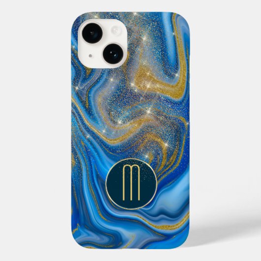 Blaue goldene Swirle-Monogramm Case-Mate iPhone Hülle (Rückseite)