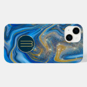Blaue goldene Swirle-Monogramm Case-Mate iPhone Hülle (Rückseite (Horizontal))