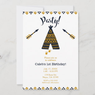 Blaue & Goldene Tipi Boho Moderne Geburtstagsfeier Einladung