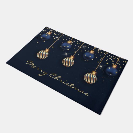 Blaue goldene Weihnachtsbällchen Gruß Fußmatte (Schrägansicht)