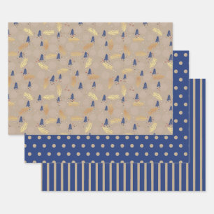Blaue Goldene Weihnachtsbäume Punkte Streifen Geschenkpapier Set