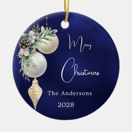 Blaue goldene weiße Bauern Weihnachten Keramik Ornament (Vorne)