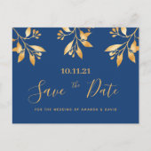 Blaue goldfarbene botanische Hochzeit Retten Sie d Postkarte (Vorderseite)