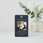 Blaue Goldkreuz-Foto-Beerdigungskarte Visitenkarte (Stehend Vorderseite)