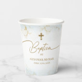 Blaue Goldkreuz Name Typografie Junge Taufe Pappbecher (Rückseite)