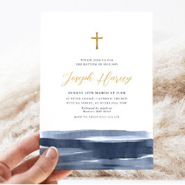 Blaue Goldkreuzjungs Taufe feiern Einladung