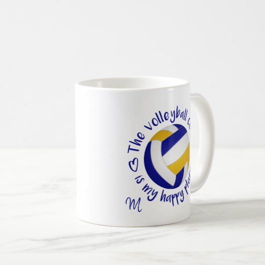 Blaue Goldmannschaft färbt Volleyballfeld glücklic Kaffeetasse (VorderseiteRechts)