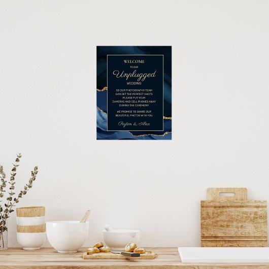 Blaue Goldmarbelagate-Hochzeit ohne Steckverbindun Poster (Küche)