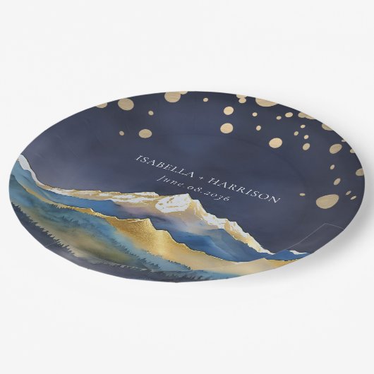 Blaue Goldmedaille Hochzeit im Freien Pappteller (Schrägansicht)