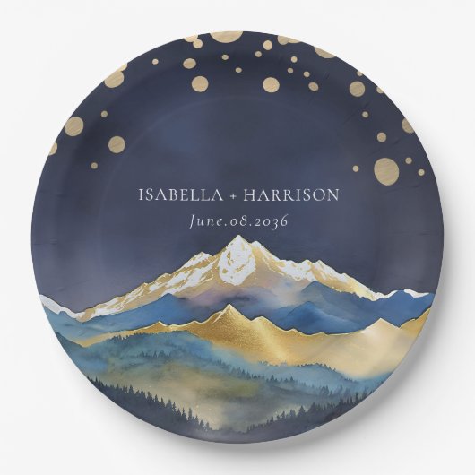 Blaue Goldmedaille Hochzeit im Freien Pappteller (Vorderseite)