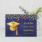 Blaue Goldmedaille Konfetti Graduation Party Save The Date (Stehend Vorderseite)