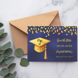 Blaue Goldmedaille Konfetti Graduation Party Save The Date<br><div class="desc">Eine Save the Date Karte für eine Graduiertenparty. vorne: Ein marineblauer blauer Hintergrund,  goldener Text. Die blaue Farbe ist ungleichmäßig. Vorlagen für Namen und Datum. Der Name und der Text: Save the Date sind mit einem modernen handgeschriebenen Stilskript geschrieben. Mit einem Imitat Goldkappe,  Tassel Topper. Zurück: Einzelheiten zum Party.</div>