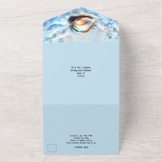 Blaue Goldmuschel Muschel Ozeanwellen Glitzer Glas All In One Einladung (Außenbereich)