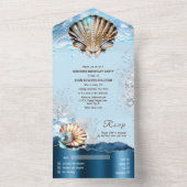 Blaue Goldmuschel Muschel Ozeanwellen Glitzer Glas All In One Einladung (Innen Boden)