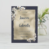 Blaue Goldorchideenblume Hochzeit der Glam-Marine Einladung (Stehend Vorderseite)