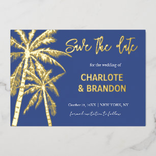 Blaue Goldpalmen Strandhochzeit Save The Date Folieneinladung