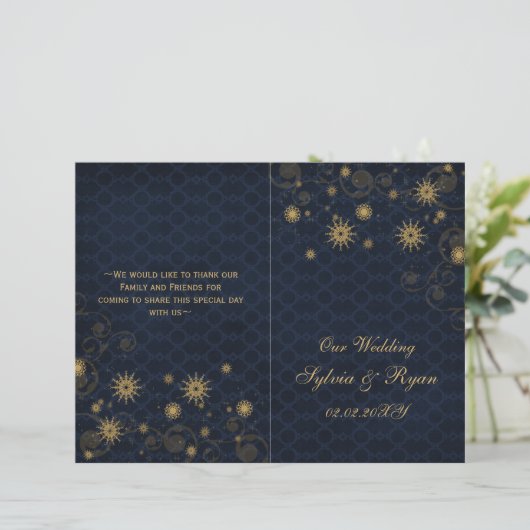 Blaue Goldschneeflocken Hochzeitsprogramme gefalte (Stehend Vorderseite)