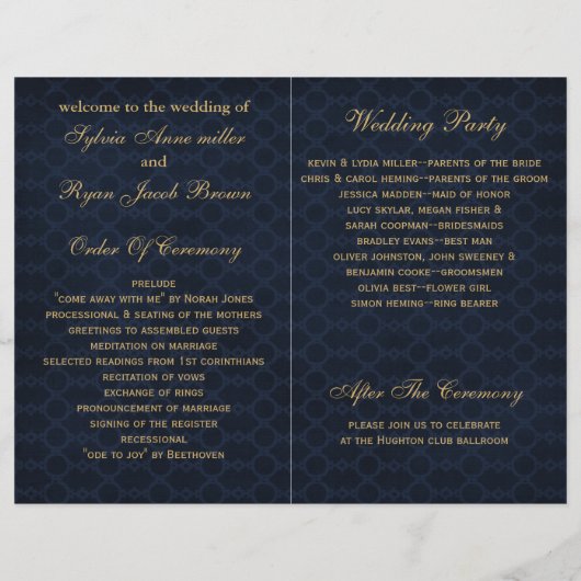 Blaue Goldschneeflocken Hochzeitsprogramme gefalte (Rückseite)