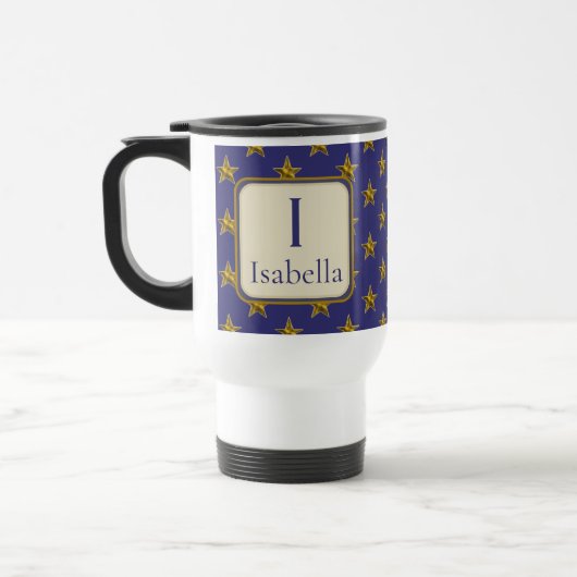 Blaue Goldsterne Erster Name Monogramm Initiale Reisebecher (Links)