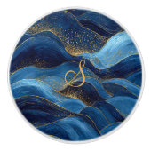 Blaue Goldwelle Monogramm-Kunstdesign Keramikknauf (Vorderseite)