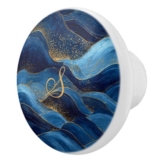 Blaue Goldwelle Monogramm-Kunstdesign Keramikknauf (Rechts)