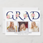 Blaue GRAD-Typografie Rosen Foto Abschluss Ankündigung (Vorderseite)