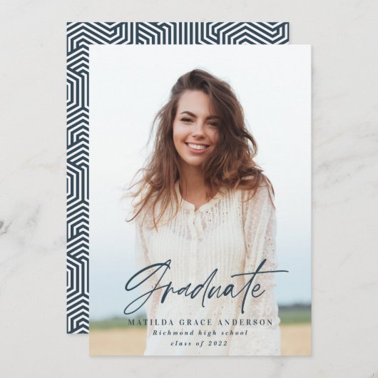 Blaue Graduierungsparty des geometrischen Fotos ei Ankündigung (Vorne/Hinten)