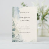 Blaue Graue Eukalyptus-Save-The-Date-Karte Save The Date (Stehend Vorderseite)