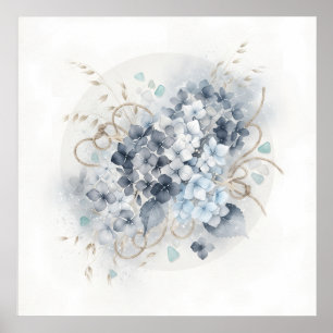 Blaue Graue Hortensien Gold Botanischer Poster