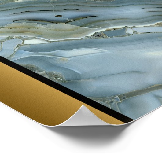 Blaue graue Marmorplatte / Schwarze goldene Grenze Poster (Ecke)