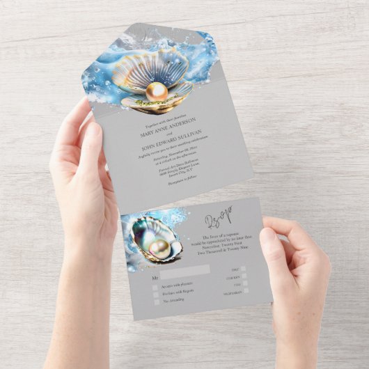 Blaue Graue Muschelperle, Austernstrasse, Muschel  All In One Einladung (Abreißen)