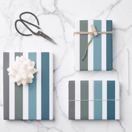 Blaue Graue Streifen Geschenkpapier Set (Vorderseite)