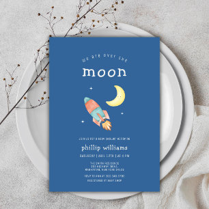 Blaue graue Über-den-Mond-Rakete-Baby-Party Einladung
